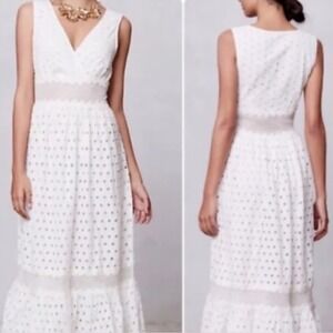 Leifnotes Anthropologie Midi Dress Sz 4‎ White Eyelet Lace V-Neck Sleeveless
